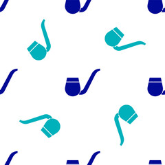 Blue Smoking pipe with smoke icon isolated seamless pattern on white background. Tobacco pipe. Vector.