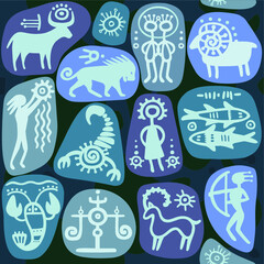 Blue seamless background: zodiac signs. Horoscope. Ethnic style. 