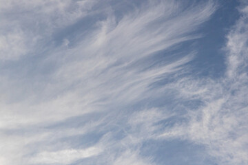 High white cirrus clouds with cirro-stratus in a light blue sky, sometimes called chair tails,...