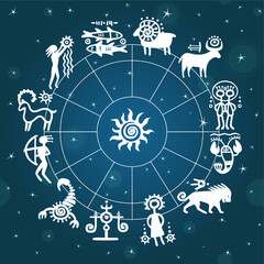 Horoscope circle against the stellar sky. Zodiac signs. Simulation of rock paintings.