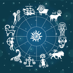 Obraz premium Horoscope circle against the stellar sky. Zodiac signs. Simulation of rock paintings.