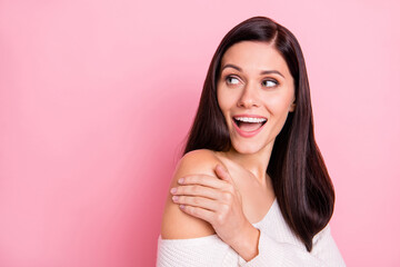 Portrait of young lovely attractive happy excited amazed girl look copyspace hug herself isolated...