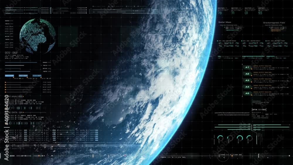 Poster Futuristic motion graphic user interface head up display screen with Holographic Earth and digital data telemetry information display for digital background computer desktop display screen