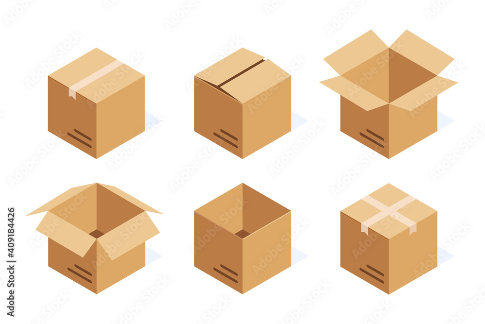 Aufkleber set of six isometric cardboard boxes isolated on white. set closed and open cardboard boxes. vector 