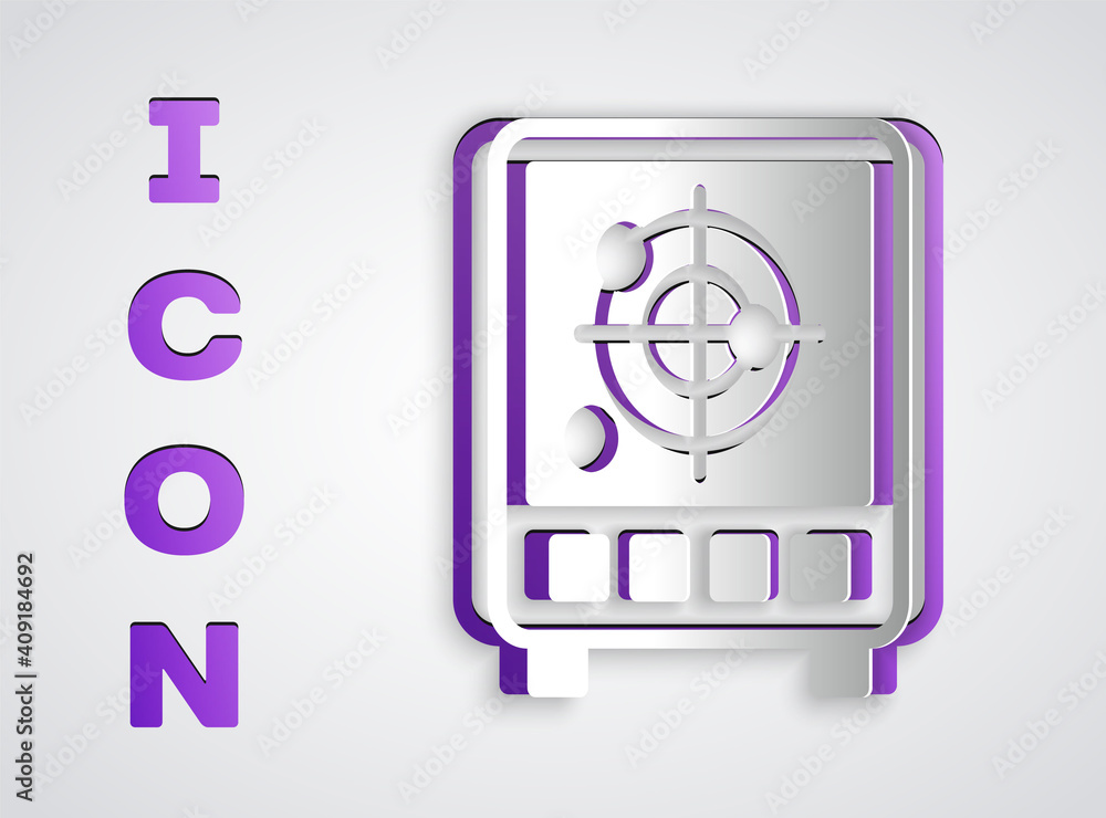 Poster paper cut radar with targets on monitor in searching icon isolated on grey background. search system