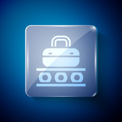 White Airport conveyor belt with passenger luggage, suitcase, bag, baggage icon isolated on blue background. Square glass panels. Vector.