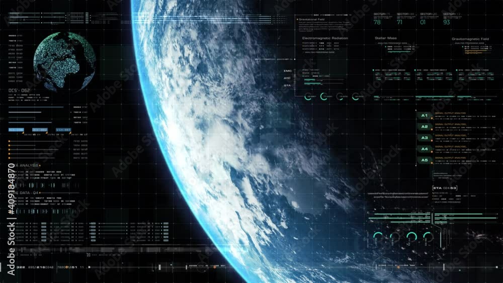 Aufkleber Futuristic motion graphic user interface head up display screen with Holographic Earth and digital data telemetry information display for digital background computer desktop display screen