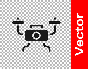 Black Drone flying icon isolated on transparent background. Quadrocopter with video and photo camera symbol. Vector.