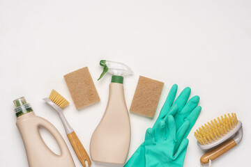 Brushes, sponges and  on white background.  Eco-friendly cleaning products
