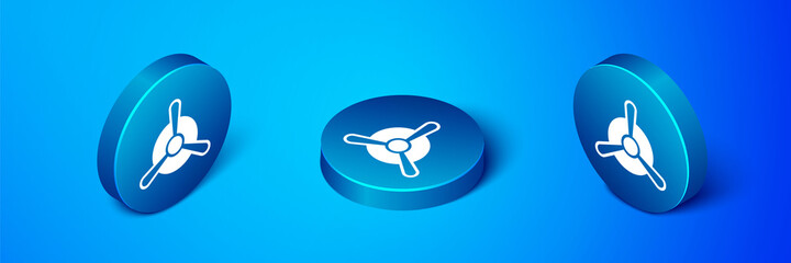 Isometric Plane propeller icon isolated on blue background. Vintage aircraft propeller. Blue circle button. Vector.