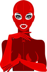 Animation portrait of the beautiful girl in a red latex suit and mask. Template for erotic content. Vector illustration isolated on a white background. Print, poster, t-shirt, card, emblem.