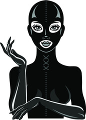 Animation portrait of the beautiful girl in a black latex suit and mask. Template for erotic content. Vector illustration isolated on a white background. Print, poster, t-shirt, card, emblem.