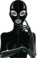 Animation portrait of the beautiful girl in a black latex suit and mask. Template for erotic content. Vector illustration isolated on a white background. Print, poster, t-shirt, card, emblem.