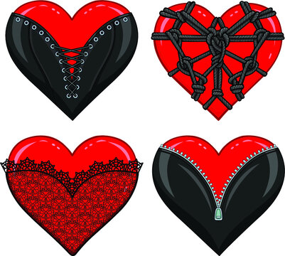 Set of animation hearts in erotic clothes and accessories. Latex, shibari, lace, corset. Template for erotic content. Vector illustration isolated on a white background. Print, poster, t-shirt, card. 