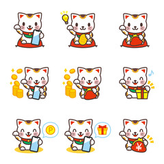 Maneki Neko and Point Coin Vector Illustration ポイントが貯まる招き猫のキャラクターセット