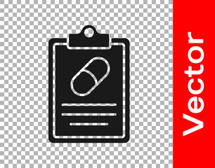 Black Medical prescription icon isolated on transparent background. Rx form. Recipe medical. Pharmacy or medicine symbol. Vector.