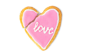 Broken heart cookie with text LOVE isolated on white background
