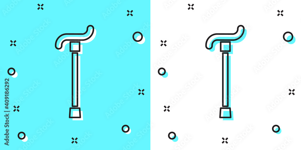 Poster black line walking stick cane icon isolated on green and white background. random dynamic shapes. ve