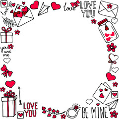 Hand drawn vector badges and icons about love. Hearts, letters, bows, desserts, boxes with gifts. Illustration for Valentine's day, wedding or for a declaration of love. Frame for postcard or banner