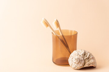 Minimalistic lifestyle concept. Natural bamboo brushes in  brown glass and shell on beige background