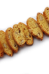 Traditional Italian Cantucci or Cantuccini cookies with almonds isolated on white background
