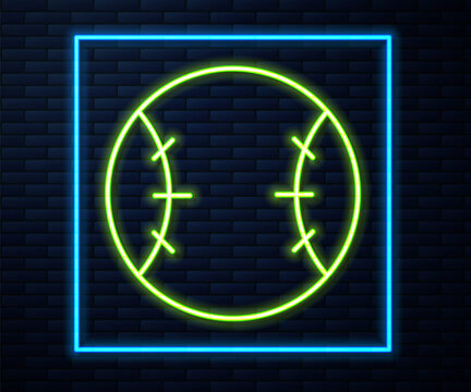 Glowing neon line Baseball ball icon isolated on brick wall background. Vector Illustration.