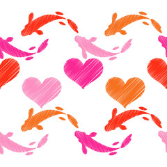 Seamless pattern with hearts and fish in the sea. Valentine's Day. Embroidery on fabric. Boho texture. Vector illustration for web design or print.