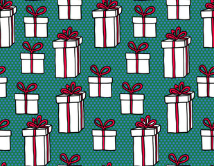 Simple pattern with hand drawn doodle gift boxes with red bows and ribbons. Holiday background for happy birthday, new year, merry christmas or wedding