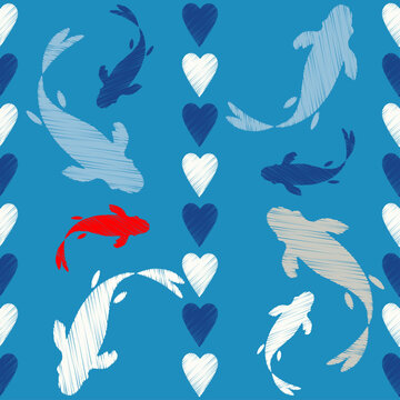 Seamless pattern with hearts and fish in the sea. Valentine's Day. Embroidery on fabric. Boho texture. Vector illustration for web design or print. © lazininamarina