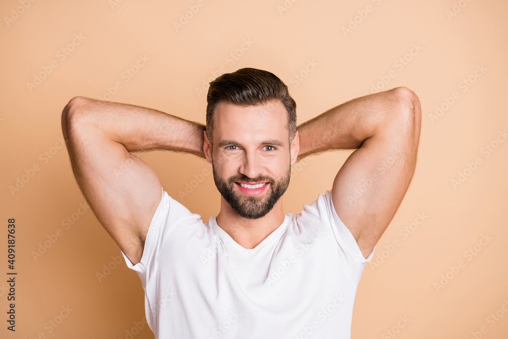 Canvas Prints Top above high angle photo of young happy positive smile stubble guy hands behind head rest relax break pause isolated over beige color background