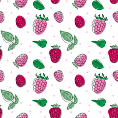 Illustration of raspberry berries and leaves seamless pattern. Simple doodle style. Isolated objects on a white background.