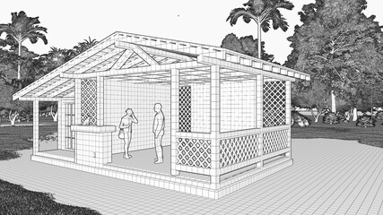 black and white illustration, picture of a wooden gazebo for relaxing in a country house