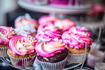 festive pink cake, candibar, birthday sweets, sweet table at the party