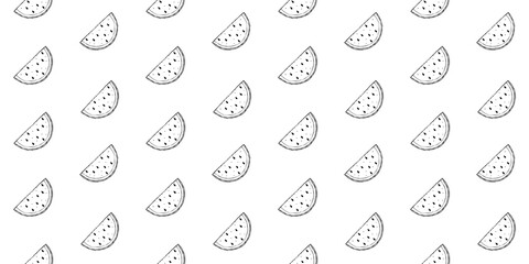 Illustration of a seamless pattern from slices of watermelon and leaves. Isolated black outline objects on a white background. Simple doodle style.