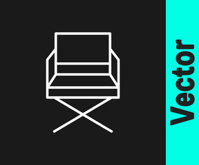 White line Director movie chair icon isolated on black background. Film industry. Vector Illustration.