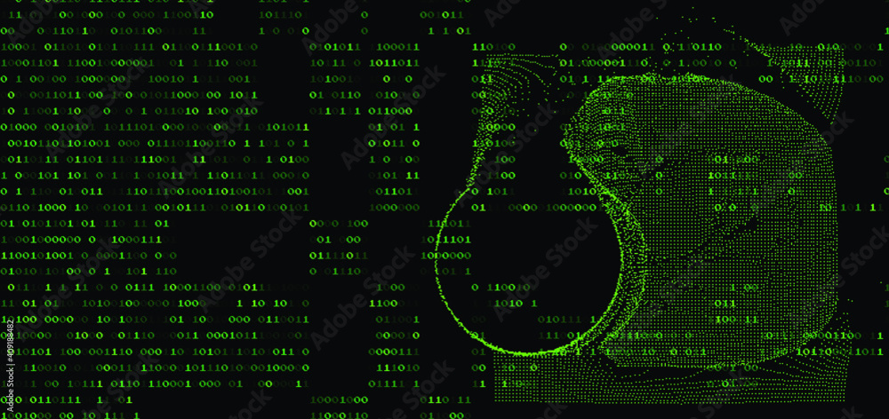 Aufkleber Abstract technology background with binary code and mesh made of particles. Glitched computer screen with scientific drawings. 