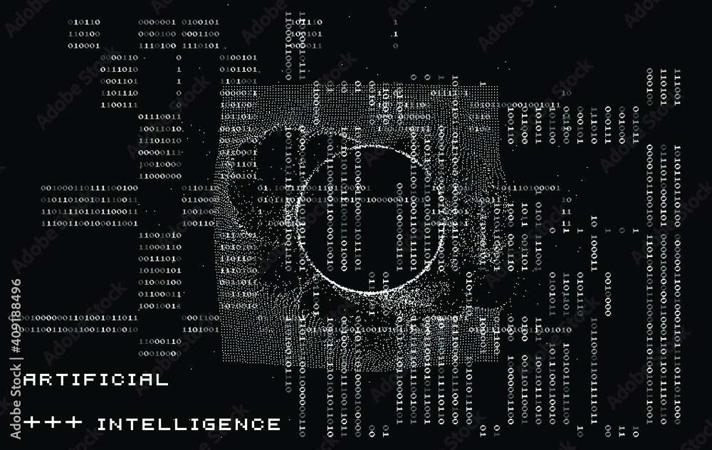 Poster Abstract technology background with binary code and mesh made of particles. Glitched computer screen with scientific drawings. 
