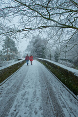 couple in snow over the bridge