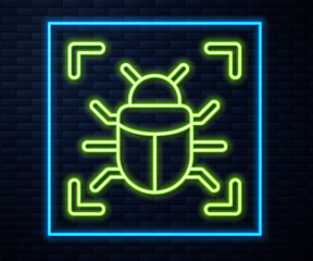 Glowing neon line System bug concept icon isolated on brick wall background. Code bug concept. Bug in the system. Bug searching. Vector.