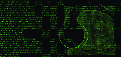 Abstract technology background with binary code and mesh made of particles. Glitched computer screen with scientific drawings. 