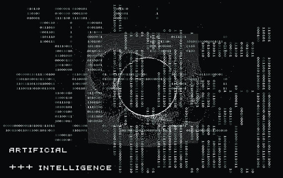 Abstract technology background with binary code and mesh made of particles. Glitched computer screen with scientific drawings. 