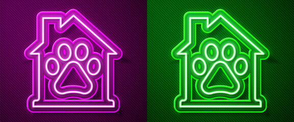 Glowing neon line Pet house icon isolated on purple and green background. Vector.