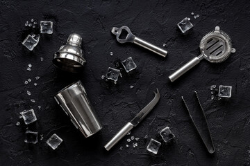 Flat lay of bar tools and utensils for cocktail