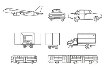 A set of black and white cars, buses and an airplane.