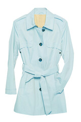 Woman trench coat. A luxurious and stylish elegant female light blue trench coat  isolated on a white background. Spring and summer fashion.