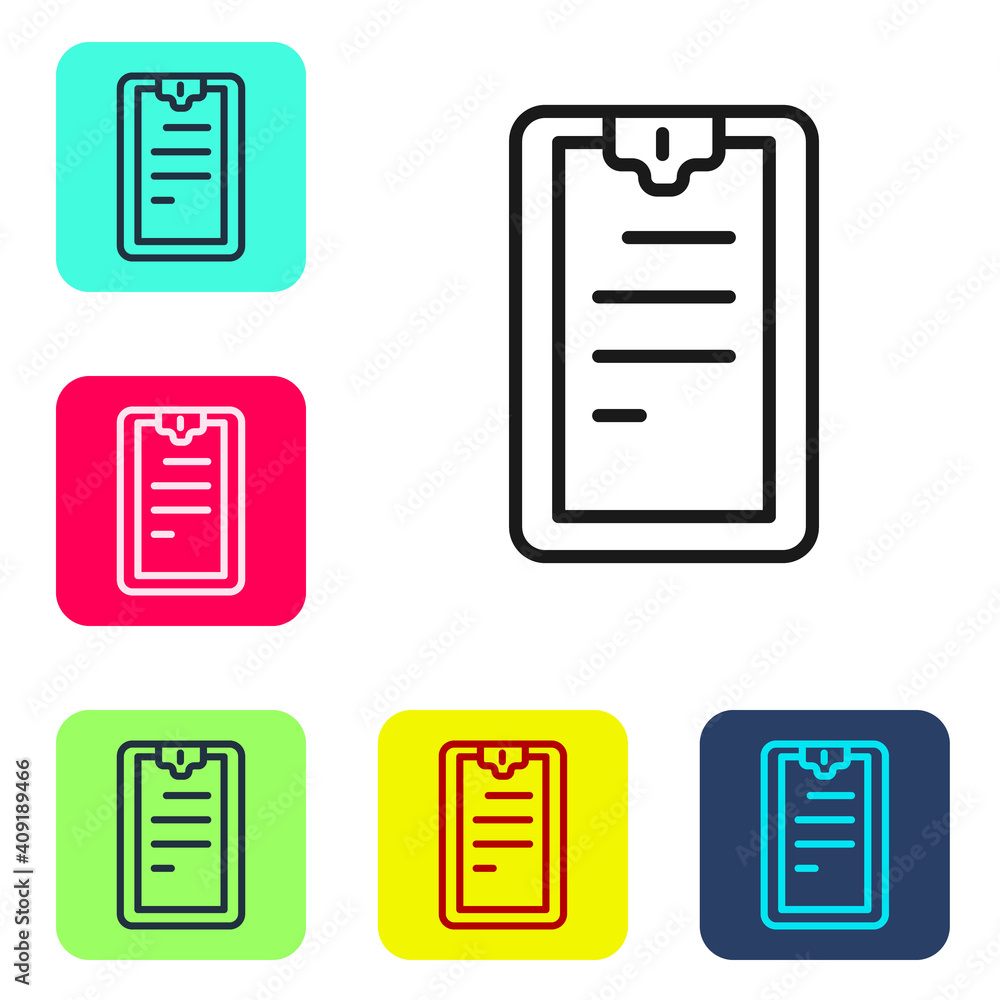 Poster black line clipboard with checklist icon isolated on white background. control list symbol. survey p