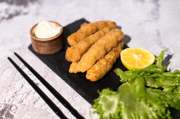 Traditional japanese tempura shrimps with sauce