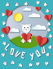 Happy Valentines Day - A Little Kitty With Greal Love - Vector Illustration Cut Paper Postcard. Paper art and digital craft style illustration, greeting card, design for notepad, diary, notebook.