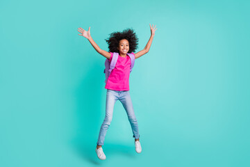 Photo portrait full body view of black skin schoolgirl making star with legs arms jumping up isolated on vivid cyan colored background