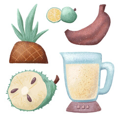 Smoothie in blender and tropical fruits on white background. Pineapple, red banana, lime and guyabano fruit. Exotic fruit smoothie recipe. Sweet natural dessert sticker set on white background